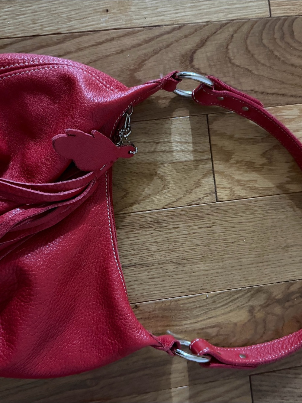 Roots Red Leather Shoulder Bag with Tassel Charm
